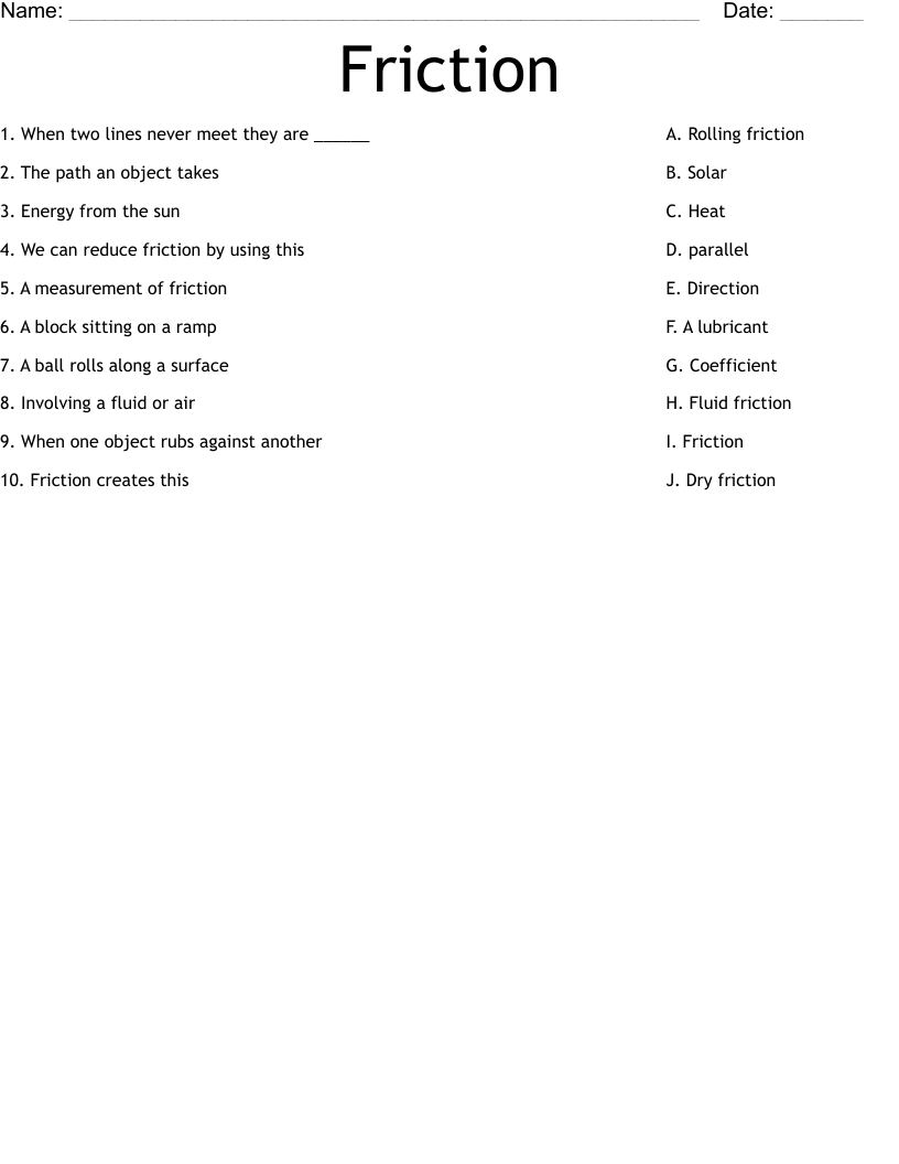 Friction Worksheet Wordmint