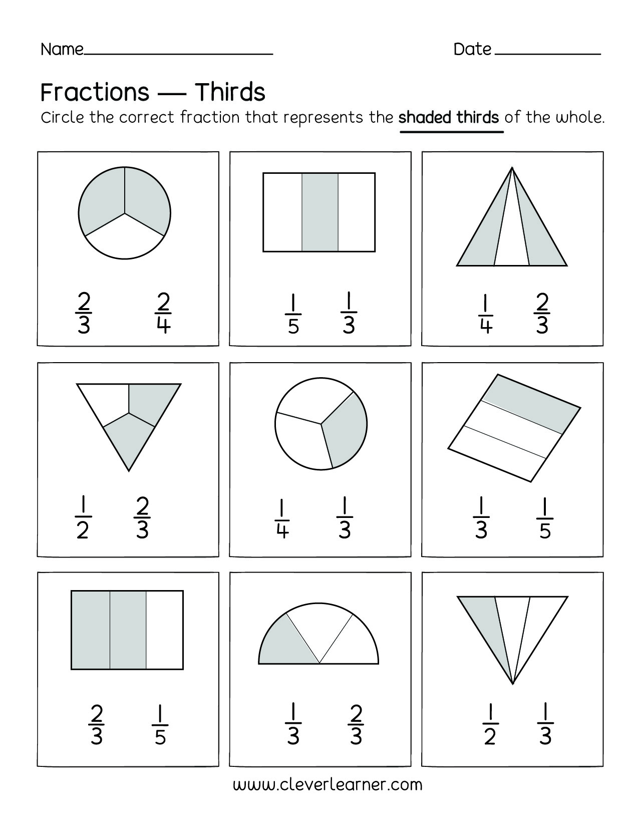 Fun Activity On Fractions Thirds Worksheets For Children