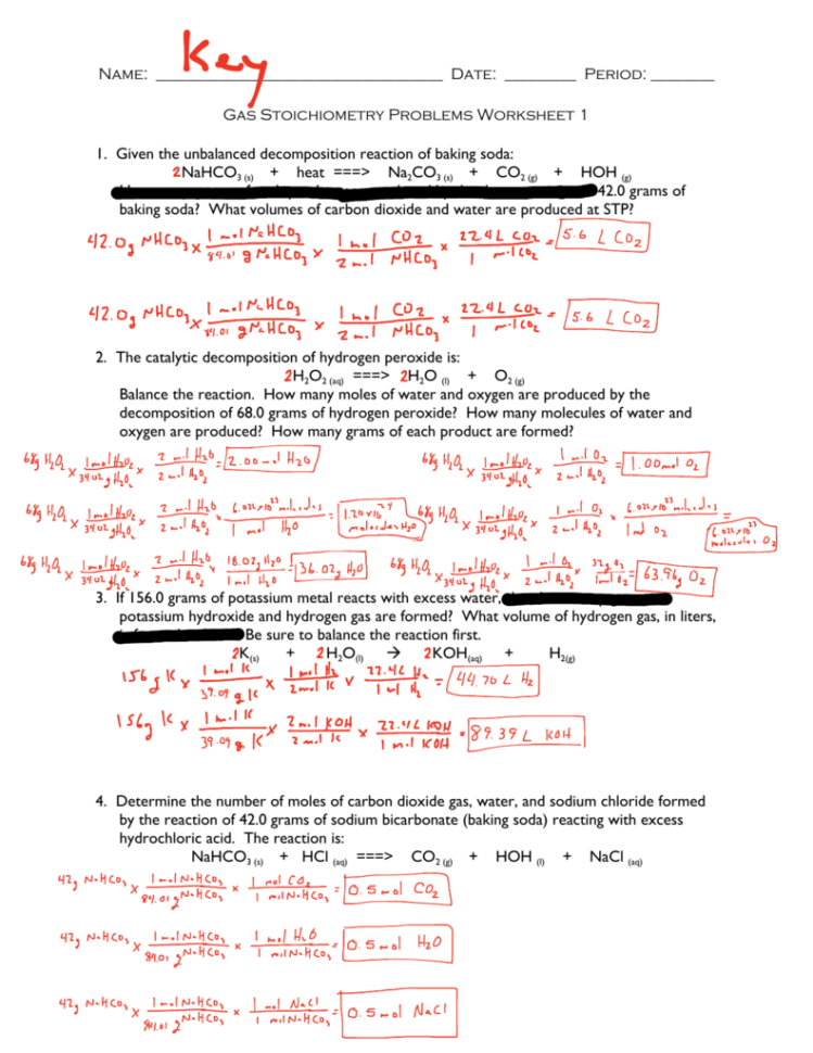 Gas Stoichiometry Problems Worksheet Answers Notebook