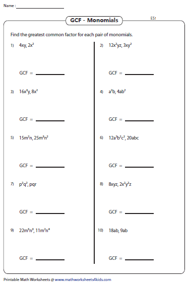 Gcf Monomials Worksheet