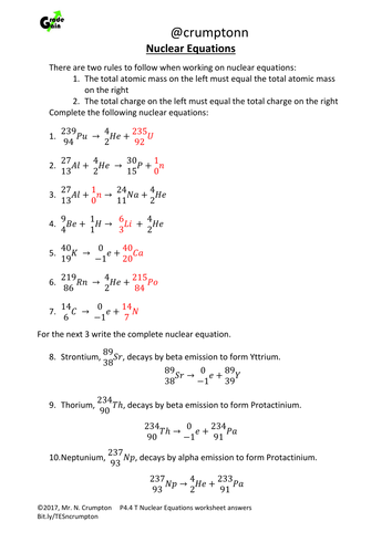 Gcse Physics Nuclear Equations Worksheet By Ncrumpton Teaching