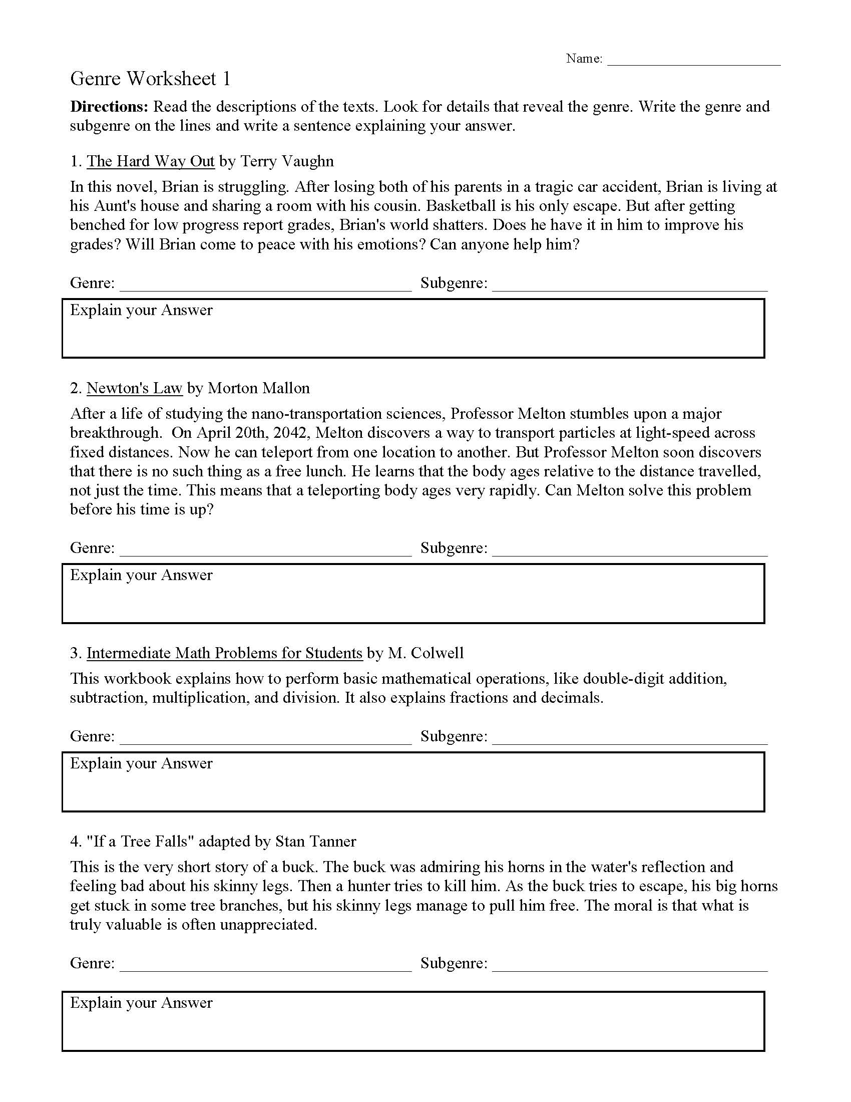 Genre Worksheet 9 Answers