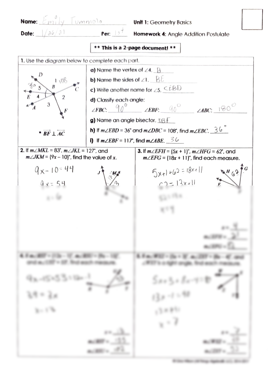 Geometry Angle Addition Postulate Worksheet Answers Angleworksheets Com