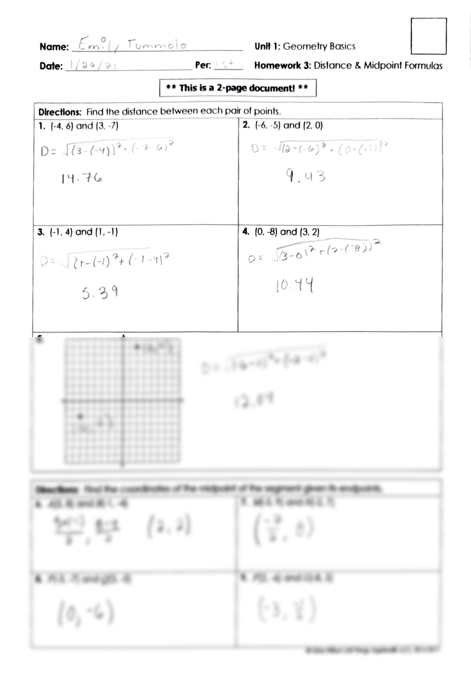 Geometry Basics: Distance & Midpoint Formula Answers