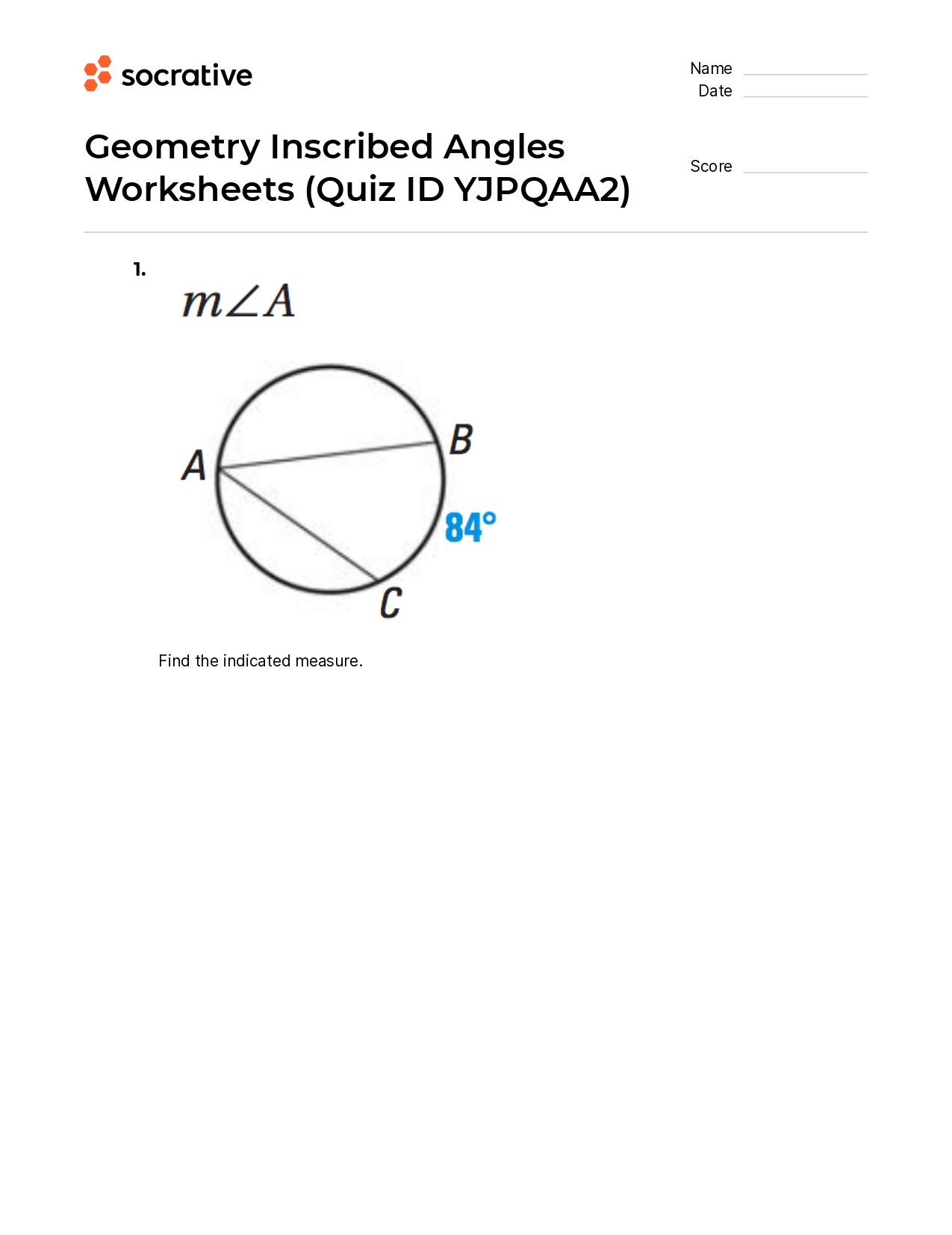 Geometry Inscribed Angles Worksheets Quiz Shop