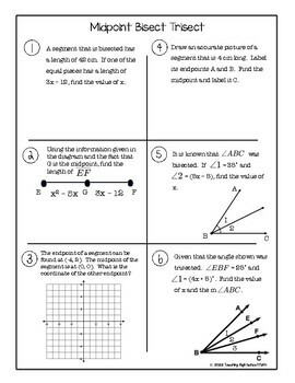 Geometry Midpoint Bisect Trisect Segments And Angles Practice Worksheet