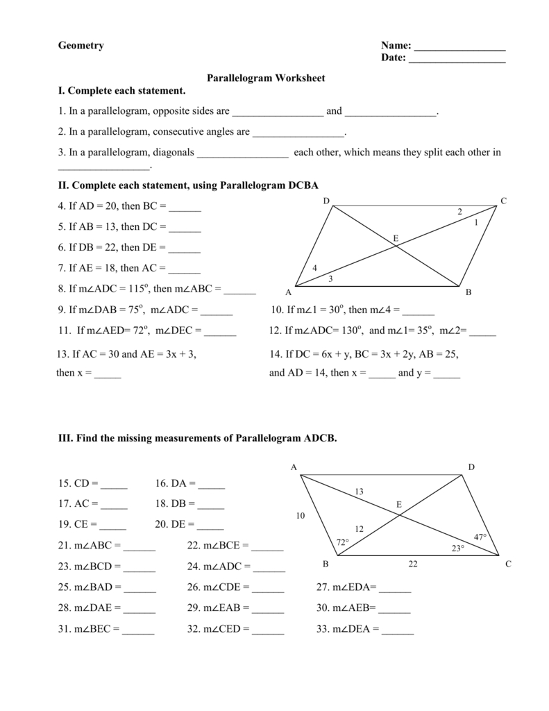 Geometry Parallelogram Worksheet Answers 2Nd Grade Math Db Excel Com