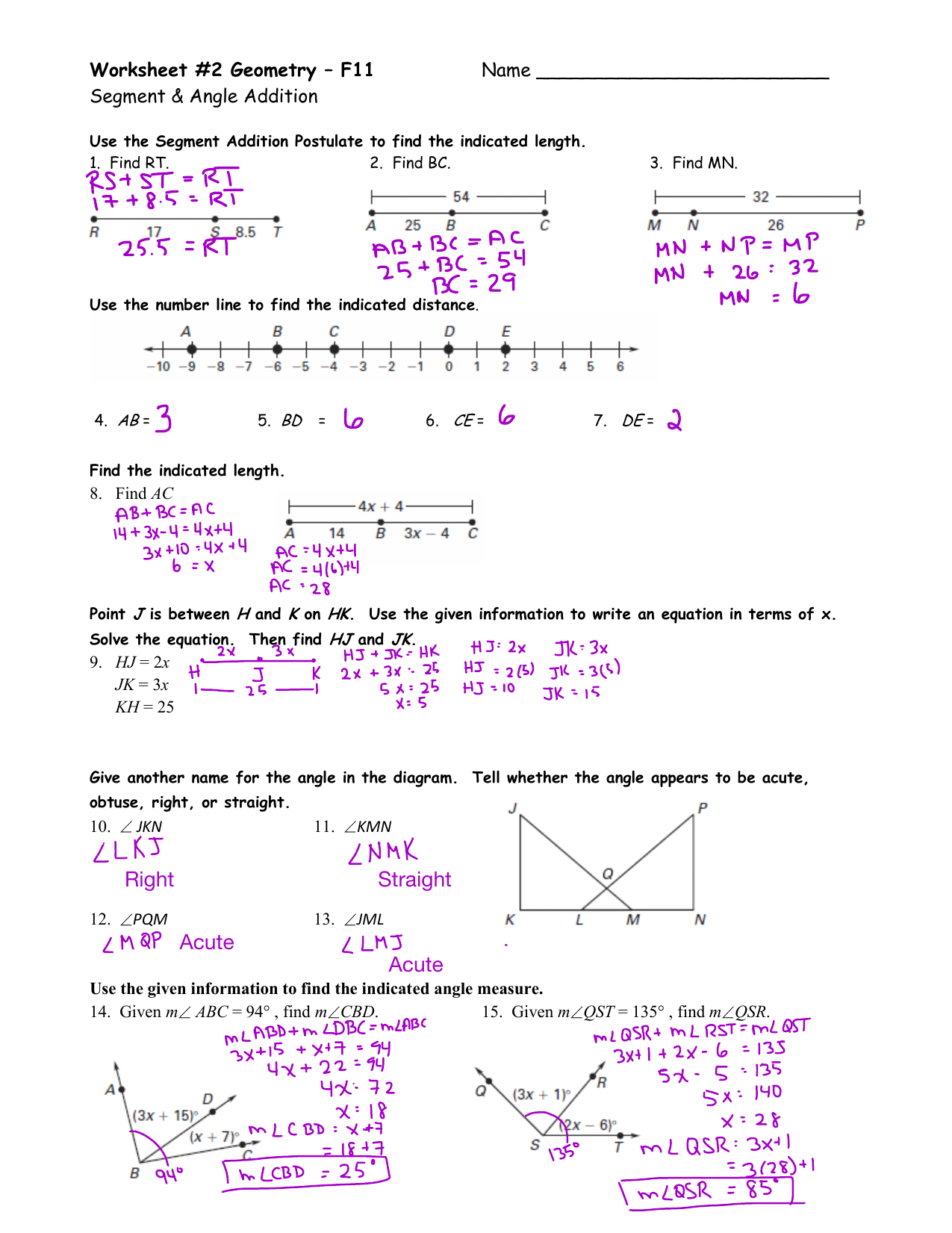 Geometry Segment And Angle Addition Worksheet Answers Key