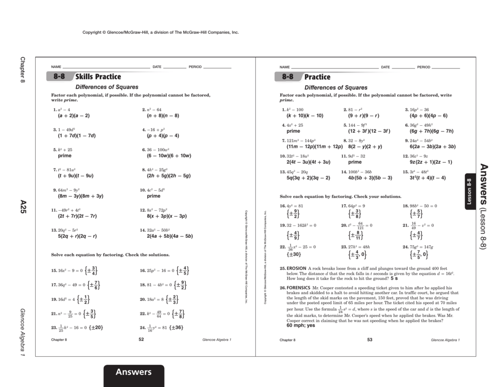 Glencoe Algebra 1 Answer Key For Worksheets