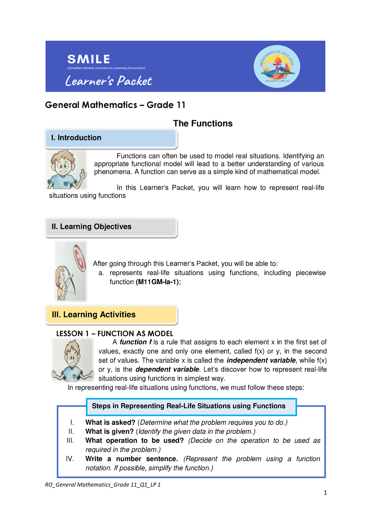 Gm Q1 Representing Real Life Situations Using Functions Ro General Mathematics Grade 11 Q1 Lp