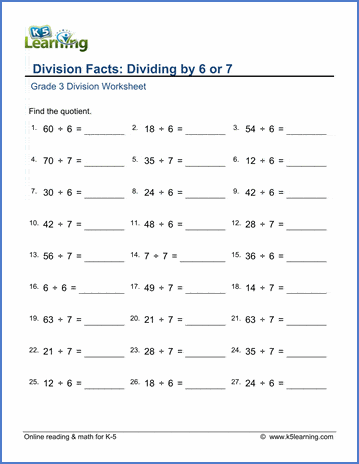 Grade 3 Math Worksheet Division Dividing By 6 Or 7 K5 Learning