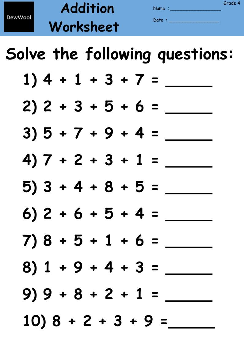 Grade 4 Addition Math Worksheets Dewwool