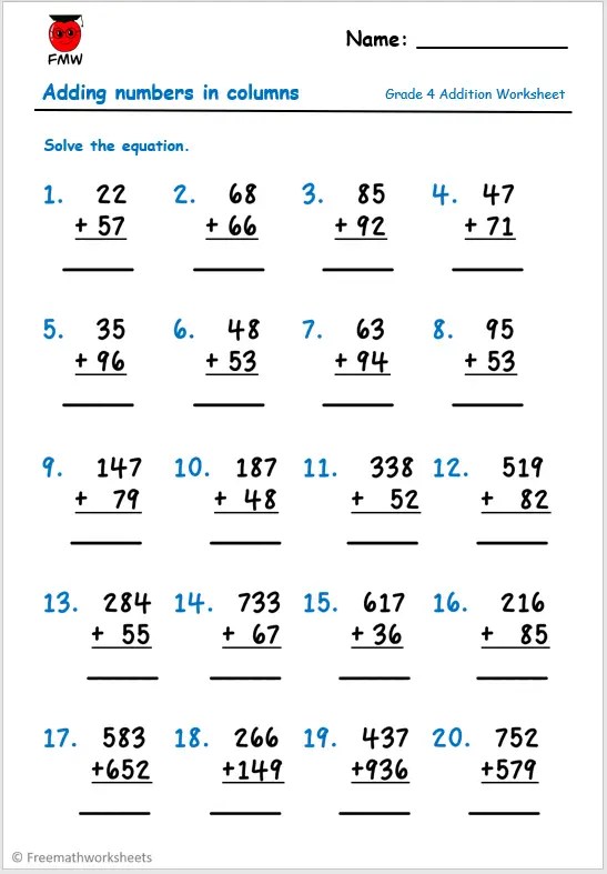 Grade 4 Addition Worksheets Free Printable K5 Learning Adding