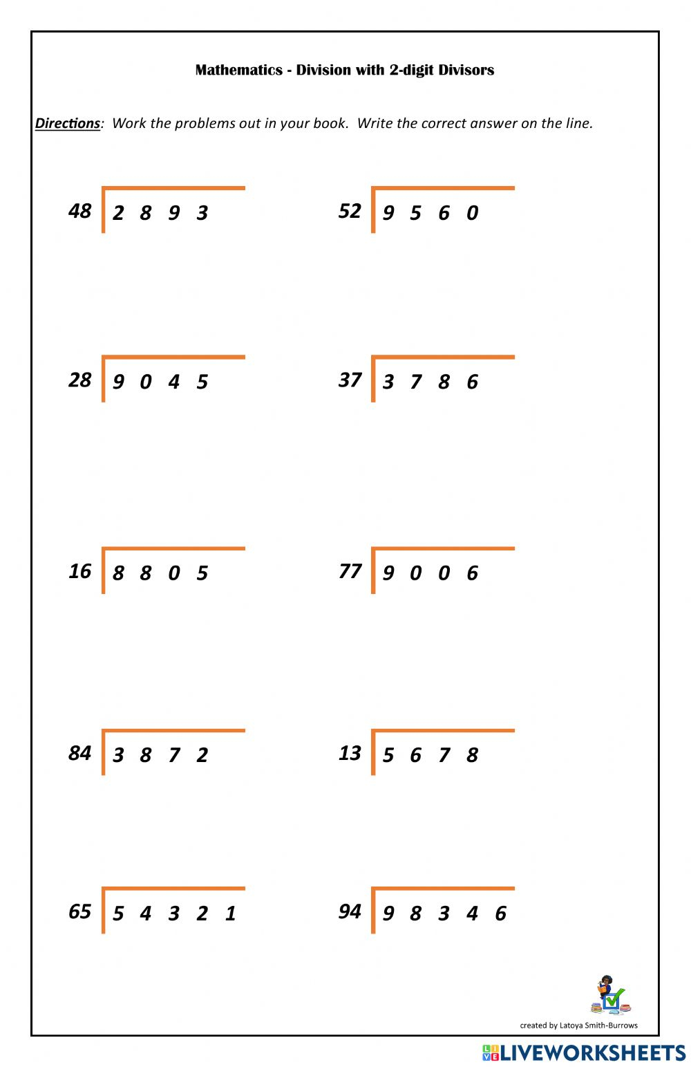 Grade 4 Long Division Worksheets 2 By 1 Digit Numbers With Remainder