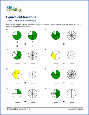 Grade 4 Math Worksheets Equivalent Fractions K5 Learning