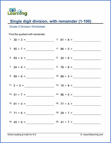 Grade 4 Mental Division Worksheets Free Printable K5 Learning Math