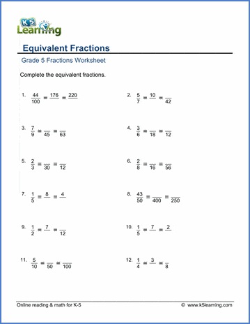 Grade 5 Fractions Worksheets Equivalent Fractions K5 Learning Fifth