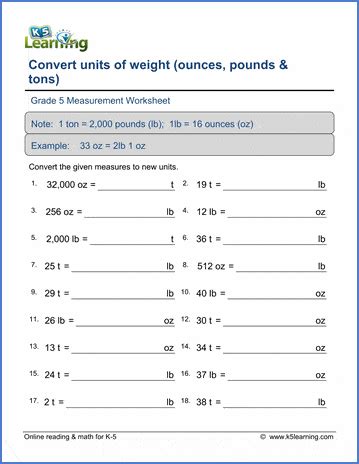 Grade 5 Math Worksheet Convert Weights Ounces Pounds And Tons K5 Learning