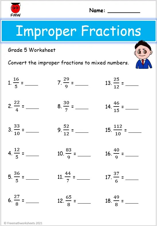 Grade 5 Math Worksheet Fractions Convert Mixed Numbers To Improper