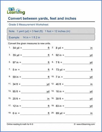 Grade 5 Math Worksheets Convert Lengths Inches Feet And Yards K5