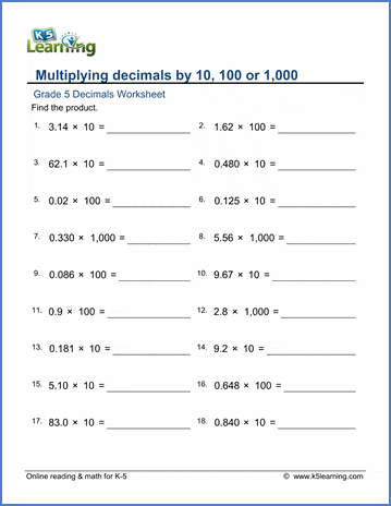 Grade 5 Math Worksheets Multiplying Decimals By 10 Or 100 K5 Learning