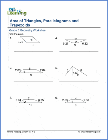 Grade 5 Worksheets Area Of Triangles Parallelograms Trapezoids K5