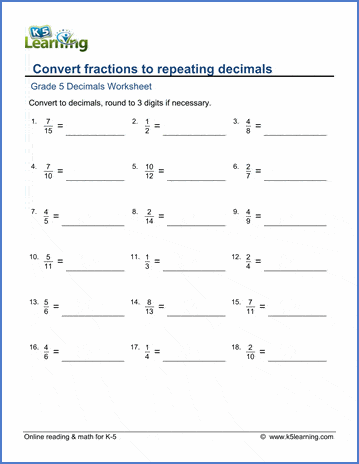 Grade 5 Worksheets Fractions To Decimals With Repeating Decimals K5