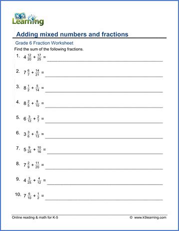 Grade 6 Fractions Worksheets Adding Mixed Numbers K5 Learning Adding Subtracting Fractions