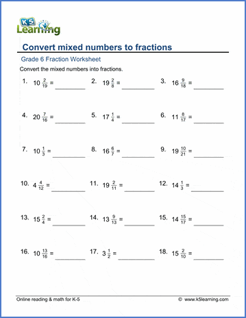 Grade 6 Fractions Worksheets Convert Mixed Numbers To Fractions