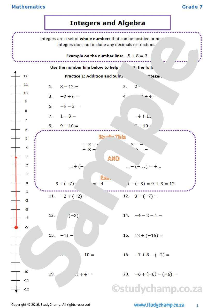 Grade 7 Mathematics Worksheet Integers And Algebra