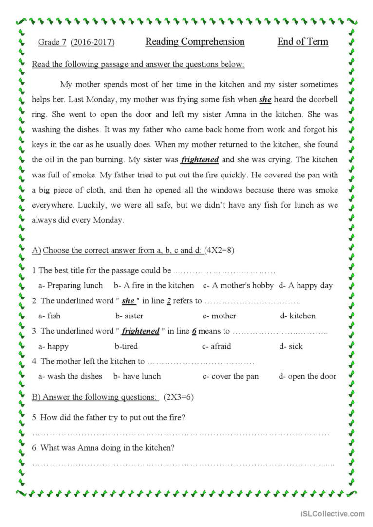 Grade 7 Reading Comprehension Worksheets Pdf Amulette