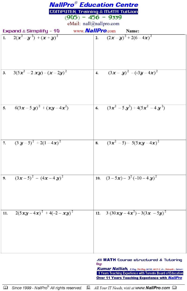 Grade 9 Math Worksheet