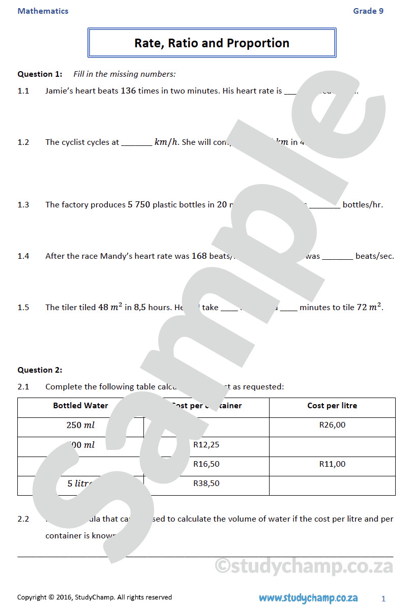 Grade 9 Mathematics Worksheet Rate Ratio And Proportion