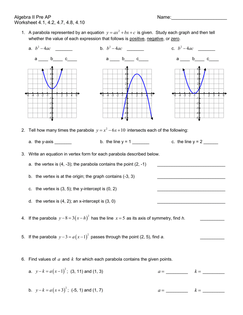 Graph Parabola Worksheets