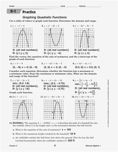 Graphing Quadratics Functions Worksheet Answers