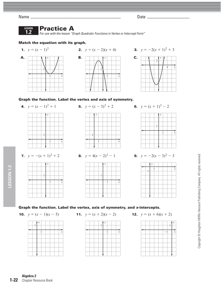 Graphing Quadratics In Vertex Form Worksheet