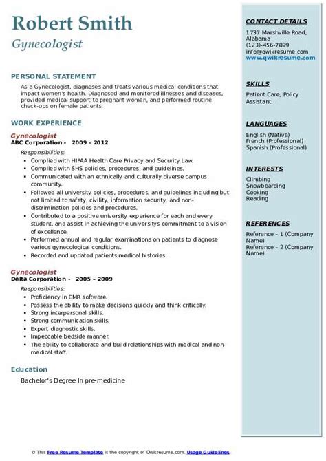 Gynecologist Resume Samples Qwikresume