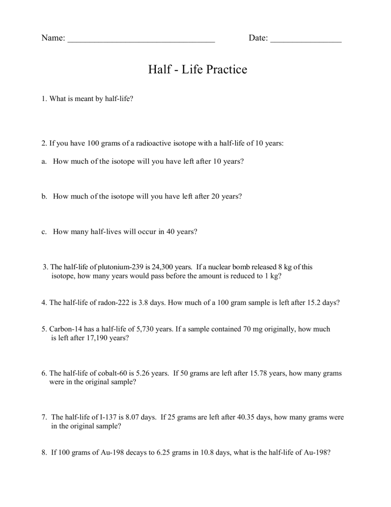 Half Life Worksheet With Table Pdf Half Life Worksheet Use This