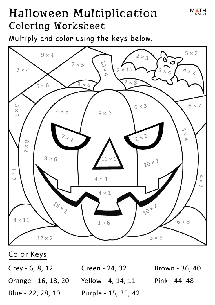 Halloween Multiplication Coloring Worksheets Pdf