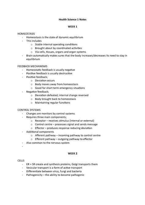 Health Science 1 Notes 2022 Health Science 1 Notes Week 1 Homeostasis Homeostasis Is The