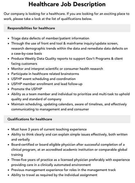 Healthcare And Medical Job Descriptions