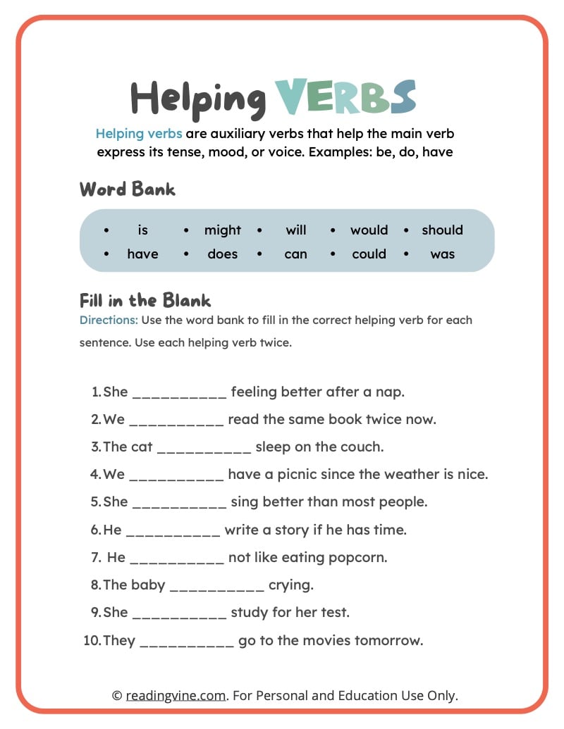 Helping Verbs Worksheet Grammar Helping Verb Past And Present Tense