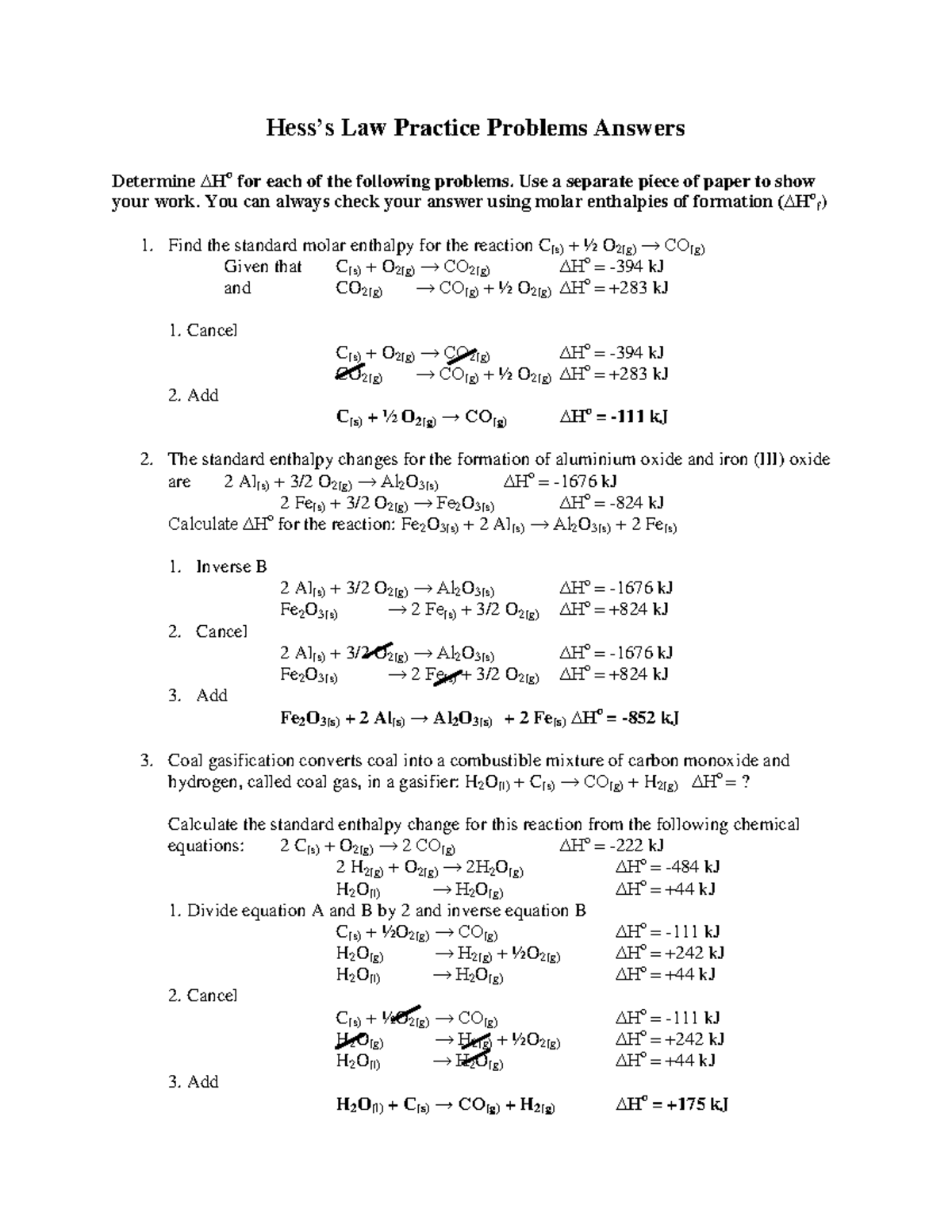 Hess S Law Worksheet Answers Lozon Hess S Law Worksheet Answers