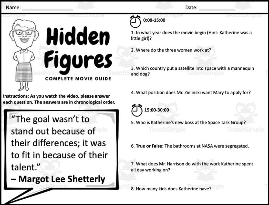 Hidden Figures Movie Guide Questions Multiple Choice Worksheet