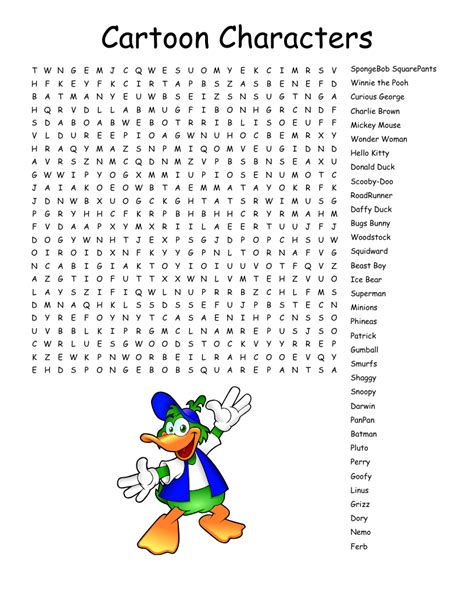 High Cartoon Characters Drawings Printable Word Searches