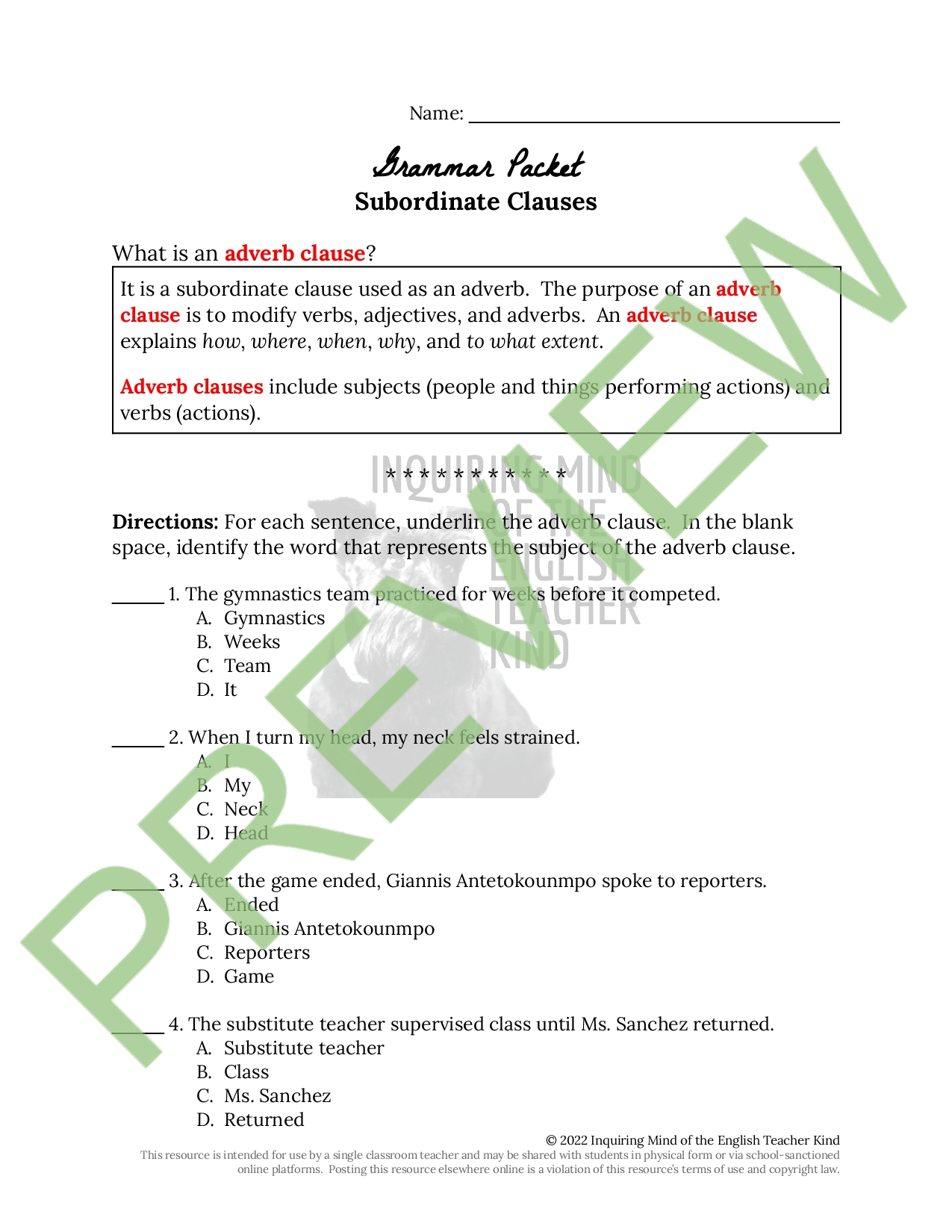 High School Grammar Practice Worksheet On Subordinate Clauses Made By