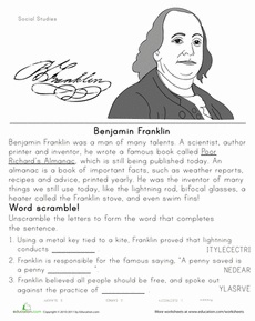 Historical Heroes Benjamin Franklin Worksheet Education Com