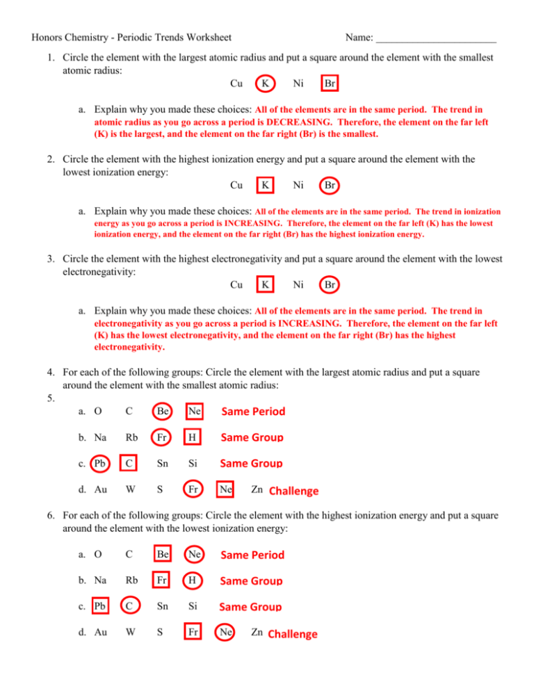 Homework Worksheets Periodic Trends Set Of 5 Answers Included