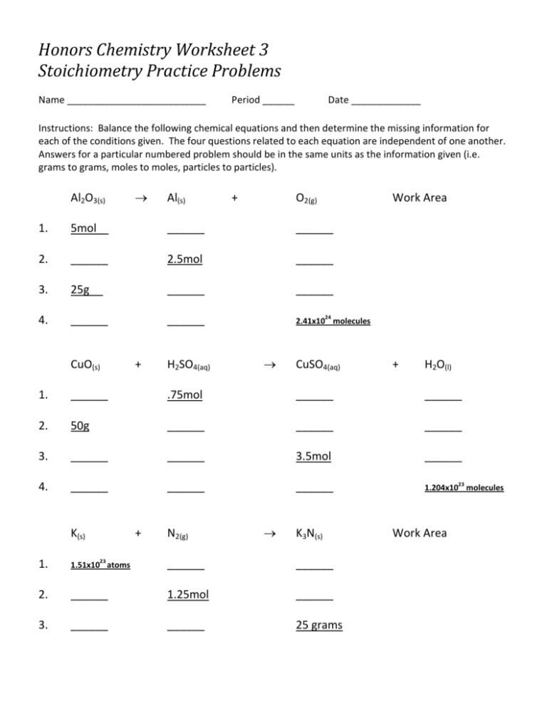 Honors Chemistry Worksheet 3 Stoichiometry Practice Problems