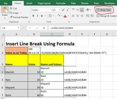 How To Insert A Line Break Using Formula In Excel